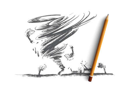 Tornado concept. Hand drawn tornado swirl damages village house and trees. Huge vortex destroyed building isolated vector illustration.のイラスト素材