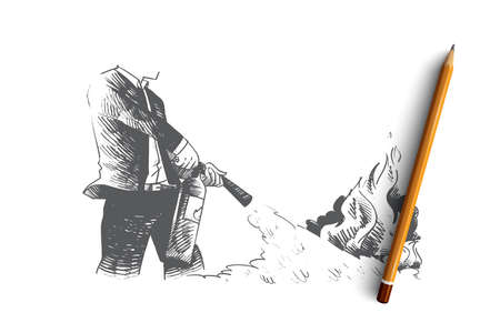 Dismissal concept. Hand drawn man with a fire extinguisher extinguishes a fire. Flame and caution isolated vector illustration.のイラスト素材