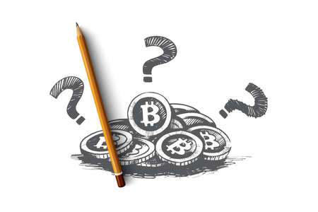 Bitcoin concept. Hand drawn bitcoin cryptocurrency and question mark, digital currency isolated vector illustration.のイラスト素材