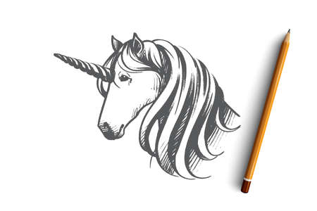 Unicorn concept. Hand drawn head of hokse with unicorn. Fantasy cute animal, symbol of dream isolated vector illustration.のイラスト素材