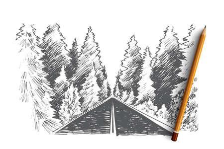 Only forward concept. Hand drawn road and forest, forward movement isolated vector illustration.のイラスト素材