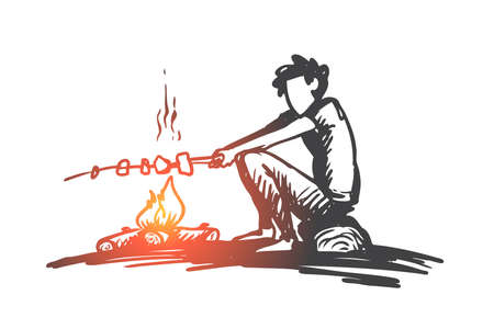 Boy, campfire, summer, rest, scout concept. Hand drawn boy sits near bonfire and roasts marshmallows concept sketch. Isolated vector illustration.のイラスト素材