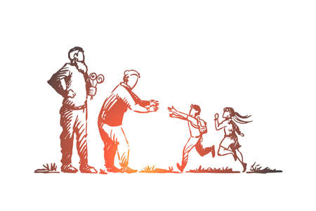 Grandparents, grandchildren, family, generation concept. Hand drawn happy big family with grandmother and grandfather concept sketch. Isolated vector illustration.のイラスト素材