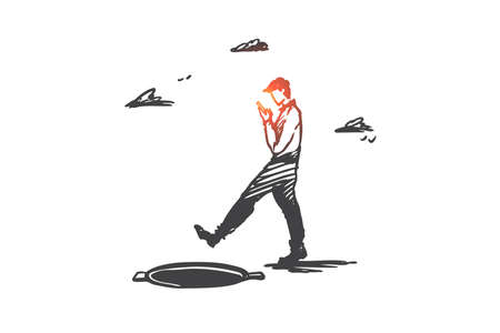 Danger, game, walking, hatch, attention concept. Hand drawn man with a gadget and opened hatch concept sketch. Isolated vector illustration.のイラスト素材