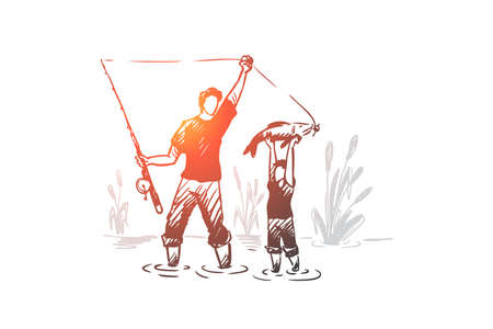 Fishing, father, son, family concept. Hand drawn dad and his son fishing together concept sketch. Isolated vector illustration.のイラスト素材