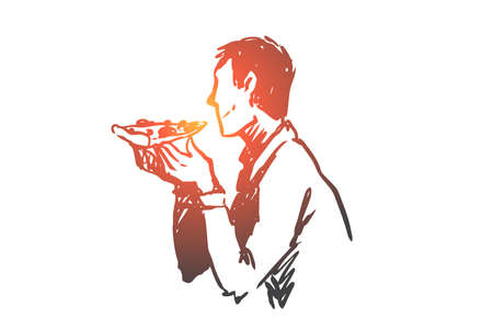 Pizza, food, man, snack concept. Hand drawn man eating slice of tasty pizza concept sketch. Isolated vector illustration.のイラスト素材