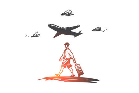 Traveler, walking, suitcase, airport concept. Hand drawn man walking with baggage in airport concept sketch. Isolated vector illustration.のイラスト素材