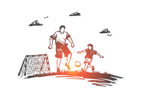 Father, football, son, play, parent concept. Hand drawn dad playing football with son concept sketch. Isolated vector illustration.のイラスト素材