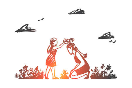 Mom, daughter, garden, happiness, family concept. Hand drawn mother and daughter playing in summer garden. Mother's day concept sketch. Isolated vector illustration.のイラスト素材