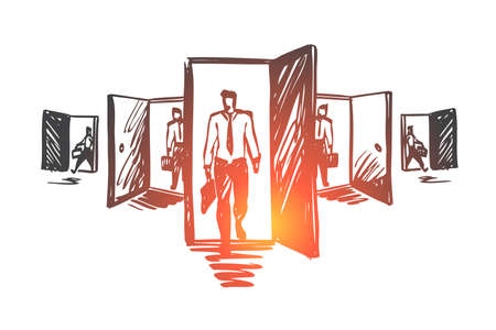 Door, opportunity, job, business, career concept. Hand drawn man standing in front of different doors concept sketch. Isolated vector illustration.のイラスト素材