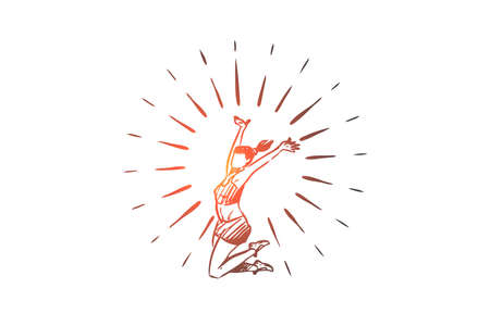Lifestyle, healthy, sport, happiness concept. Hand drawn happy healthy woman jumping concept sketch. Isolated vector illustration.のイラスト素材