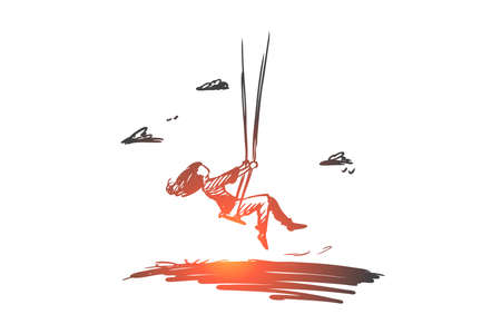 Girl, swing, childhood, fun, play concept. Hand drawn girl swinging outdoors and having fun concept...