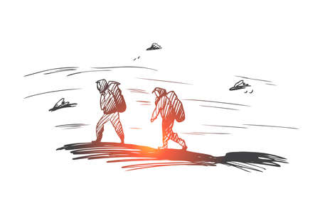 Mountain, climbing, extreme, sport concept. Hand drawn people climbing on high mountain concept sketch. Isolated vector illustration.のイラスト素材