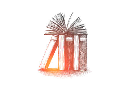 Encyclopedia, library, education, read, book concept. Hand drawn open books in a library concept sketch. Isolated vector illustration.のイラスト素材