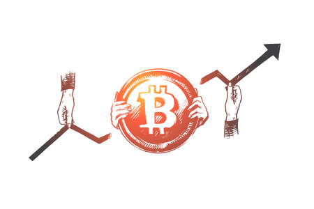 Bitcoin, cryptocurrency, commerce, money concept. Hand drawn cryptocurrency coin in human hands and chart concept sketch. Isolated vector illustration.のイラスト素材