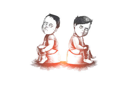 Competition, envy, espionage, business, rivalry concept. Hand drawn two kids sitting back to back and conflict concept sketch. Isolated vector illustration.のイラスト素材