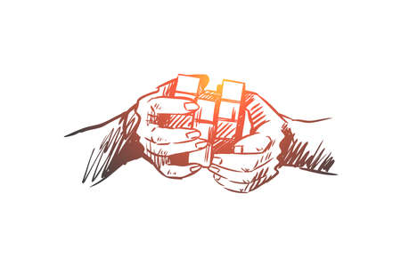 Idea, brainstorming, creative, innovation, mind concept. Hand drawn Rubik's cube in humans hands as symbol of brainstorming concept sketch. Isolated vector illustration.のイラスト素材