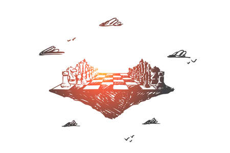 Business strategy, chess, tactics, competition, confrontation concept. Hand drawn chess board as symbol of real business concept sketch. Isolated vector illustration.のイラスト素材