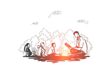 Teacher, education, knowledge, lesson concept. Hand drawn male teacher and pupils sitting outdoor concept sketch. Isolated vector illustration.のイラスト素材