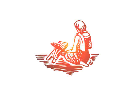 Muslim, islam, religion, arab, girl, koran, prayer concept. Hand drawn arabic girl sitting on knees and praying concept sketch. Isolated vector illustration.のイラスト素材