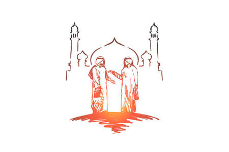 Businessmen, partners, Muslim, Arab, Islam, mosque concept. Hand drawn two Arabic businessmen agree about cooperation concept sketch. Isolated vector illustration.のイラスト素材