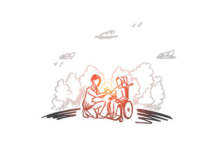 Invalid, disabled, help, medicine, hospital concept. Hand drawn woman on wheelchair with social worker concept sketch. Isolated vector illustration.のイラスト素材