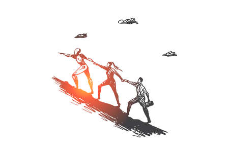 Goal, team, support, forward, motivation, automation concept. Hand drawn team climbing on mountain concept sketch. Isolated vector illustrationのイラスト素材