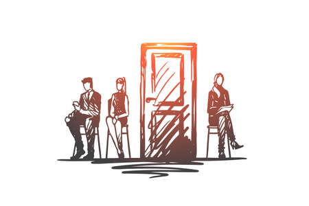 Consultation, testing, candidate, recruiting concept. Hand drawn people in office before testing concept sketch. Isolated vector illustration.のイラスト素材