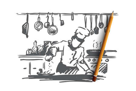 Cooking, chef, food, meal concept. Hand drawn chef preparing dish in restaurant concept sketch. Isolated vector illustration.のイラスト素材
