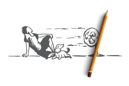 Summer, hot, man, dog concept. Hand drawn man laying on floor with dog and enjoy cold wind from electric fan concept sketch. Isolated vector illustration.のイラスト素材