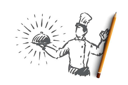 Chef, pot, meal, restaurant concept. Hand drawn chef in restaurant with pot of meal in hand concept sketch. Isolated vector illustration.のイラスト素材