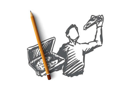 Pizza, man, dinner, food, italian concept. Hand drawn man eating whole pizza from box concept sketch. Isolated vector illustration.のイラスト素材