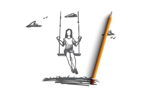 Girl, swinging, playing, fun, activity concept. Hand drawn girl swing and relax outdoor concept sketch. Isolated vector illustration.のイラスト素材