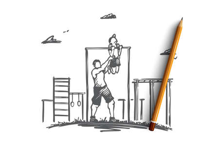 Father, son, family, exercise, sport concept. Hand drawn father helps his little son doing exercises on horizontal bar at playground concept sketch. Isolated vector illustration.のイラスト素材