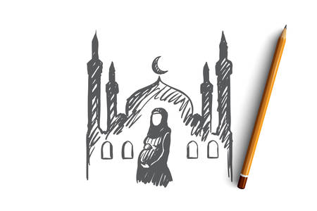 Religion, pregnancy, muslim, arabic, islam, mosque concept. Hand drawn pregnant muslim woman, mosque on background concept sketch. Isolated vector illustrationのイラスト素材