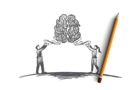 Brainstorming, idea, together, creative, teamwork concept. Hand drawn man and woman looking for new idea concept sketch. Isolated vector illustration.のイラスト素材
