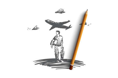 Travel, holiday, business trip, vacation concept. Hand drawn man with luggage, airplane on background concept sketch. Isolated vector illustration.のイラスト素材