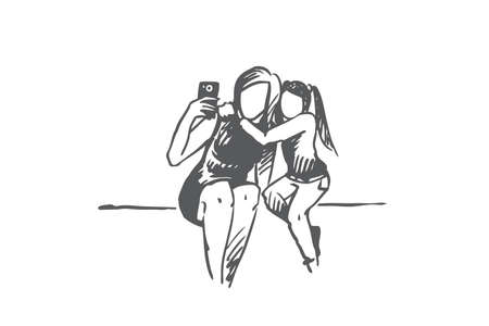 Selfie, mother, daughter, happy concept. Hand drawn mother and daughter making selfie concept sketch. Isolated vector illustration.のイラスト素材