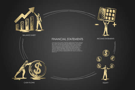 Financial statemens, income statements, equiti, cash flows, balance sheetのイラスト素材
