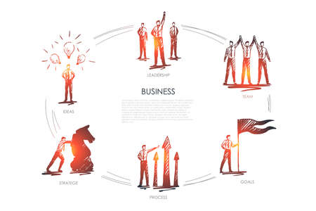 Business, team, goals, stratege, ideas, leadership concept vector setのイラスト素材