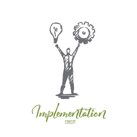 Implementation, man, idea, business, cogwheel concept. Hand drawn man take in hands light bulb and cogwheel concept sketch. Isolated vector illustration.のイラスト素材