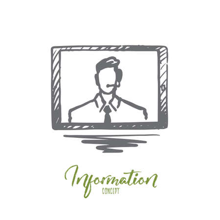 Information, television, web, monitor concept. Hand drawn person on screen of monitor concept sketch. Isolated vector illustration.のイラスト素材
