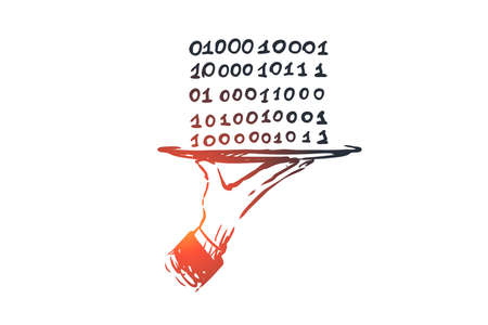 Data, digital, abstract, code, binary concept. Hand drawn digits zero and one on plate concept sketch. Isolated vector illustration.のイラスト素材