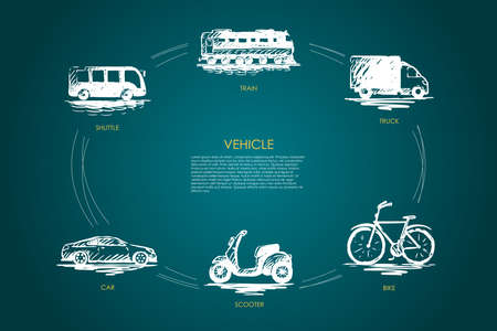 Vehicle - train, car, shuttle, truck, bike, scooter vector concept set. Hand drawn sketch isolated...