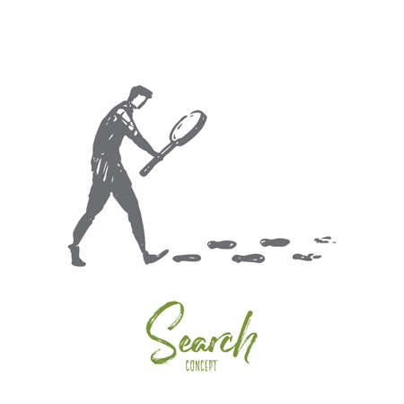 Search, magnifier, detective, glass, internet concept. Hand drawn person searching with magnifying glass concept sketch. Isolated vector illustration.のイラスト素材