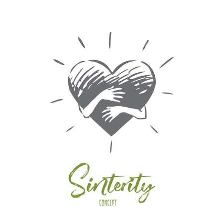 Sincerity, love, care, hand, heart concept. Hand drawn hands hug heart concept sketch. Isolated vector illustration.のイラスト素材