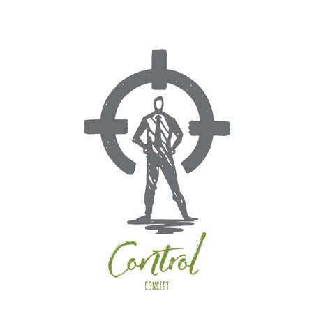 Control, rear sight, aim, target, circle concept. Hand drawn person in suit on rear sight concept sketch. Isolated vector illustration.のイラスト素材