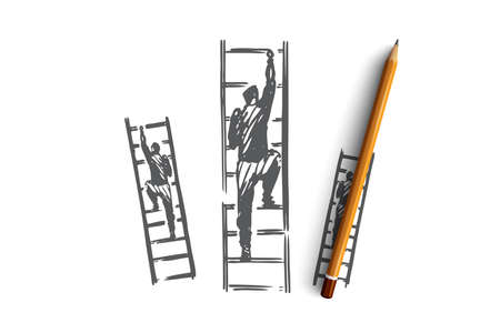 Motivation, stairs, success, career, goal concept. Hand drawn businessman climbs the stairs concept sketch. Isolated vector illustration.のイラスト素材