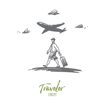 Traveler, walking, suitcase, airport concept. Hand drawn man walking with baggage in airport concept sketch. Isolated vector illustration.のイラスト素材