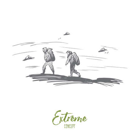 Mountain, climbing, extreme, sport concept. Hand drawn people climbing on high mountain concept sketch. Isolated vector illustration.のイラスト素材